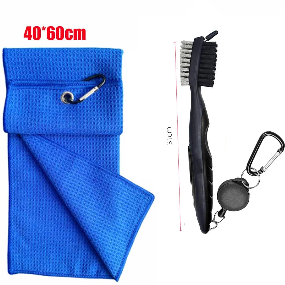Premium Golf Towel & Club Cleaning Brush Kit | Tri-Fold Waffle Golf Towel & Groove Cleaner Brush | Essential Golf Accessory Set